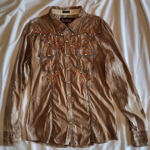 Roar Signature Series Stretch Womens Tan Embroidered Button Down Shirt